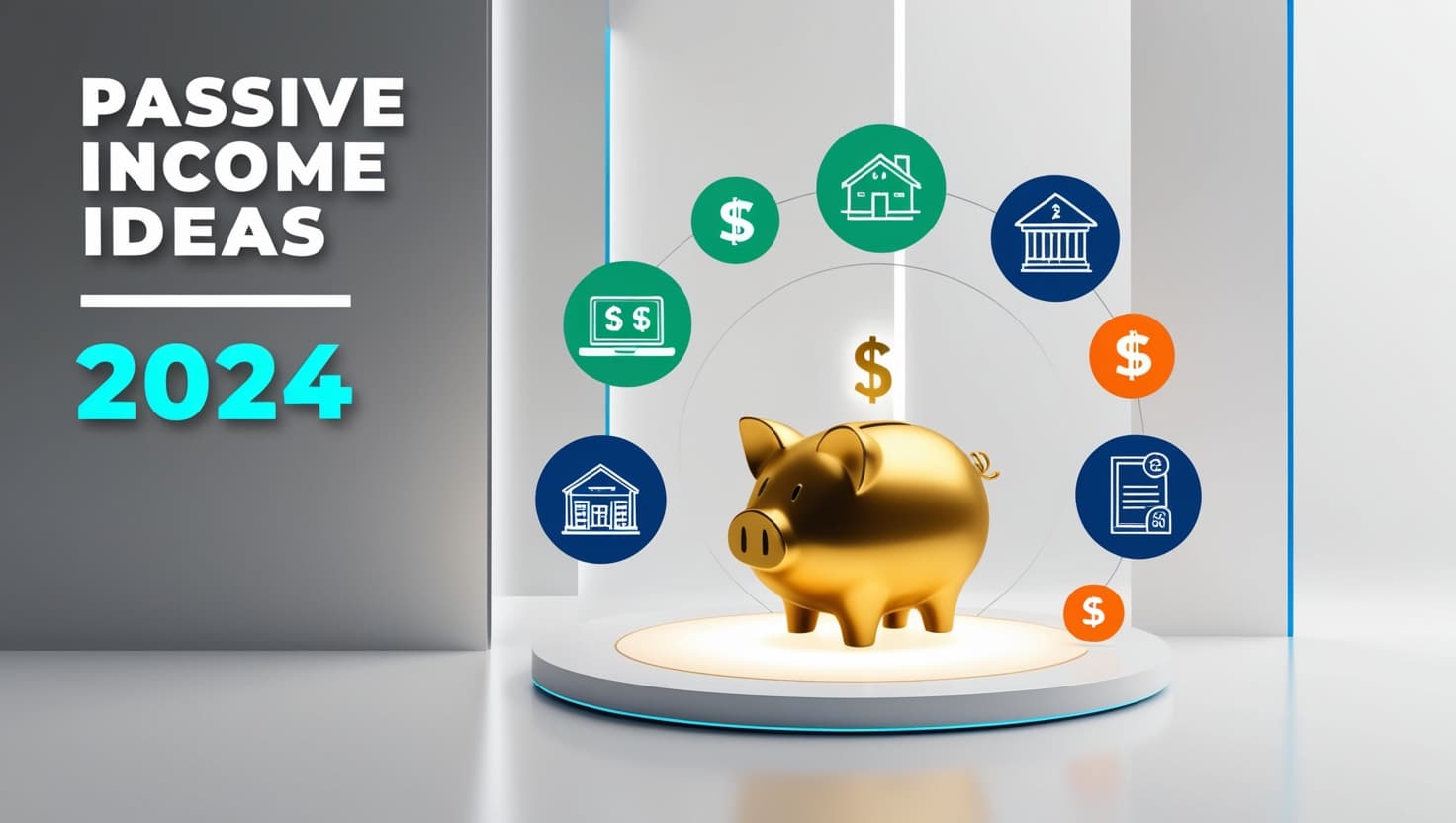 A modern, minimalist illustration of various passive income streams, set against a clean, white background, with bold, vibrant colors and sleek lines, evoking a sense of innovation and growth. In the foreground, a stylized, golden piggy bank with a subtle glow, surrounded by icons representing different income sources, such as a laptop with a dollar sign, a rental property, a dividend-paying stock certificate, and an e-book with a royalty symbol, all in shades of green, blue, and orange. The icons are arranged in a circular formation, conveying a sense of unity and diversity. In the top-left corner, the text "Passive Income Ideas 2024" in a bold, sans-serif font, with the numbers "2024" in a slightly larger size, in a bright, electric blue color, standing out against the white background. The overall style is futuristic, optimistic, and attention-grabbing, perfect for a blog post or social media graphic.