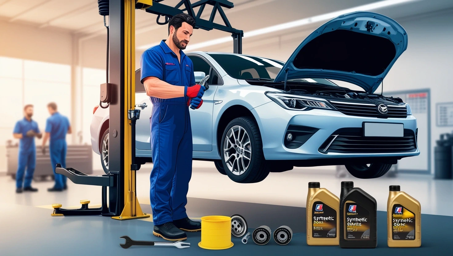 A detailed illustration of a car lifted on a hydraulic lift in